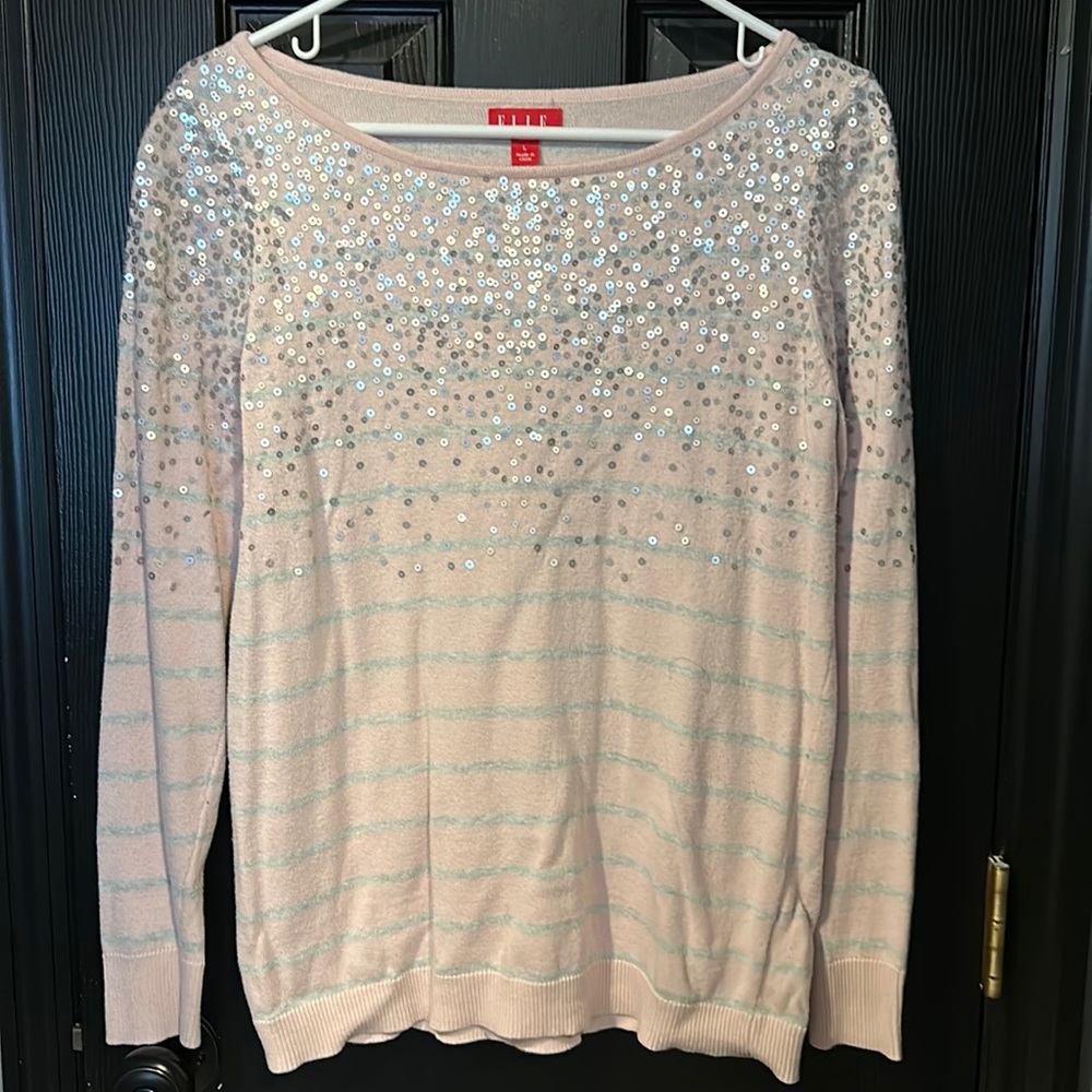 Pink and grey striped sequined sweater